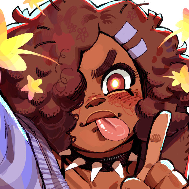 Drawing of my sona, a brown androgynous person wearing a spiked collar ears. They have curly dark brown hair, brown eyes and are sticking their tongue out at the viewer.